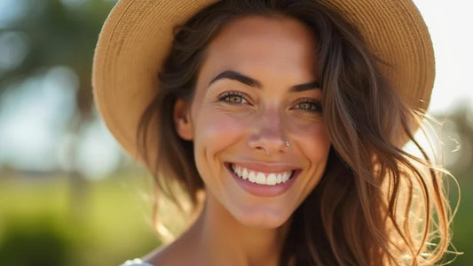 Mulher sorrindo com maquiagem natural em ambiente ao ar livre ensolarado