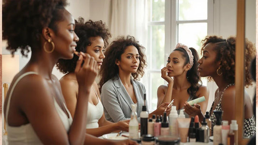 Grupo diverso de mulheres aplicando maquiagem e skincare com luz natural