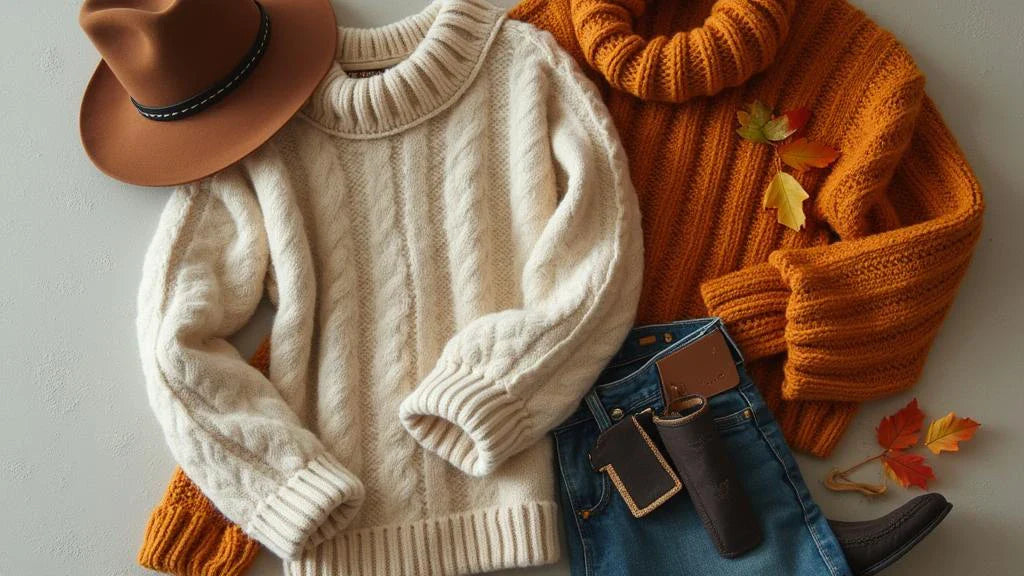 Roupa de inverno em tons terrosos com suéter mostarda, botas e acessórios