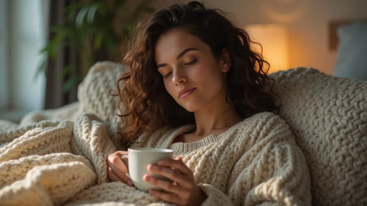Mulher relaxando com xícara de chá e cobertor aconchegante