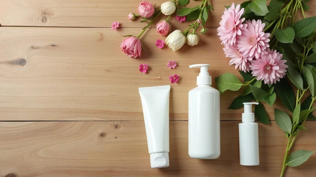 Produtos naturais para cuidados com a pele sobre superfície de madeira