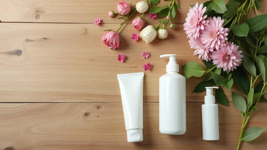 Produtos naturais para cuidados com a pele sobre superfície de madeira